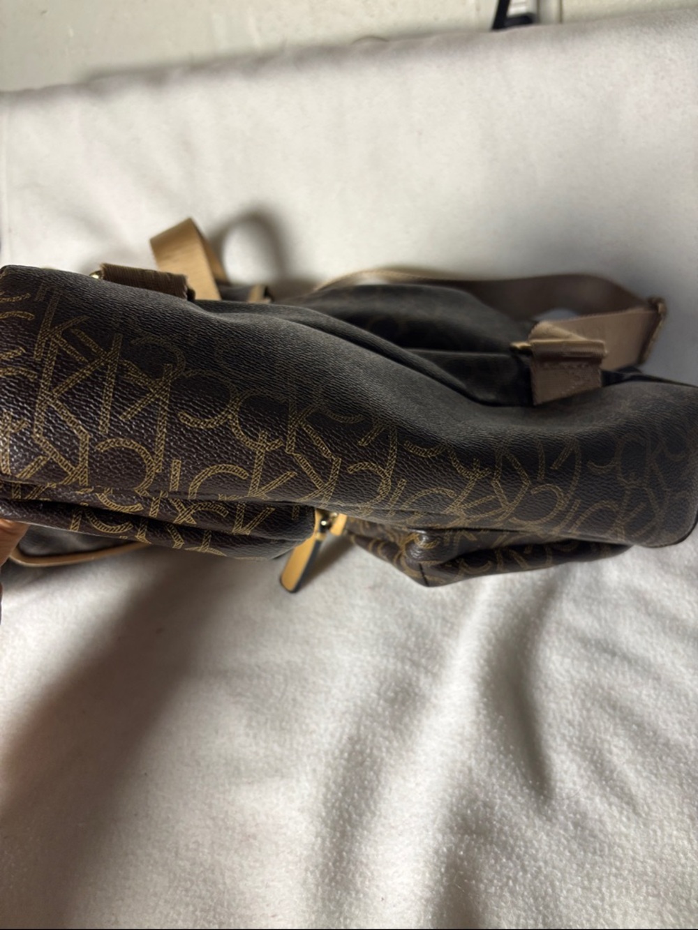 Calvin Klein Brown Monogram Backpack with Tan Trim missing Klein logo - Picture 10 of 12